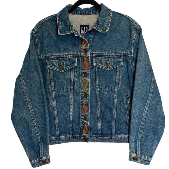 GAP Vintage 90s Paisley Embroidered Denim Jean Jacket Women’s Medium - Picture 1 of 4